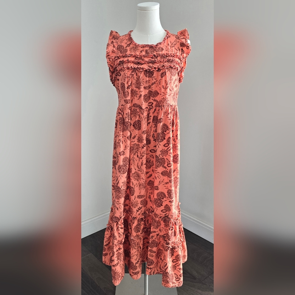 Universal Thread Coral and Brown Floral Ruffled Tiered Midi Sundress Size Small